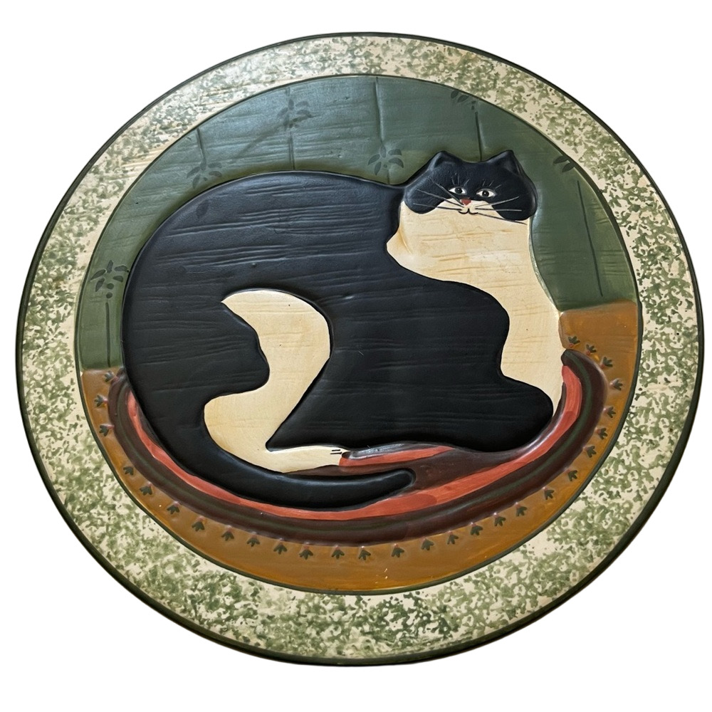 Hand painted Folk art fat cat 10” ceramic decorative trivet Sakura Warren Kimble
